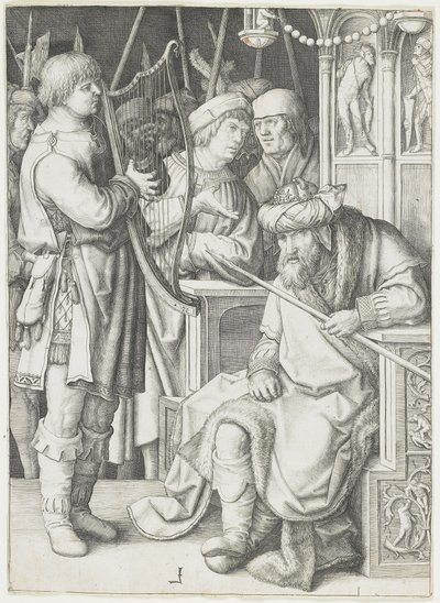 David spiller harpen før Saul, ca. 1508 av Lucas van Leyden