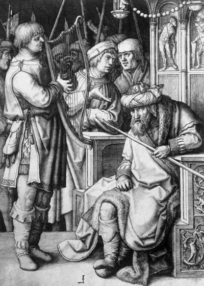 David spiller harpe foran kong Saul, rundt 1508, av Lucas van Leyden (ca 1494-1533), gravering av Lucas van Leyden