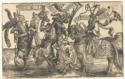 Heltene Kong Arthur, Charlemagne og Godfrey av Bouillon The Nine Heroes (serietittel) av Lucas van Leyden