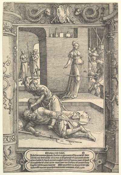 Jael Killing Sisera, dekorativ ramme, ca. 1517. av Lucas van Leyden