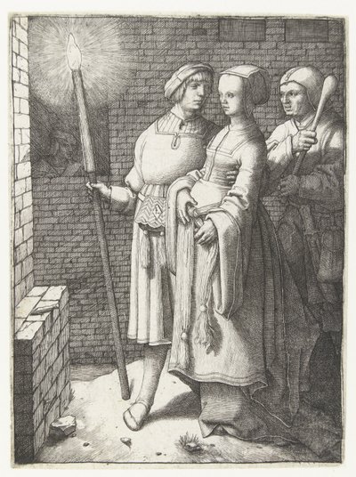 Ung mann med en lommelykt, en kvinne og en nar av Lucas van Leyden