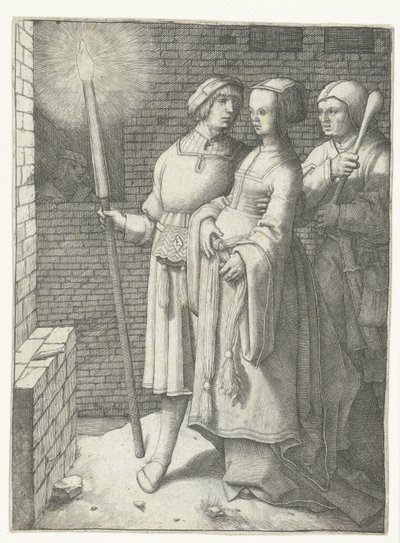 Ung mann med en lommelykt, en kvinne og en nar av Lucas van Leyden