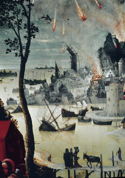 Lot og hans døtre, detalj om ødeleggelsen av Sodoma (olje på panel, ca. 1517) av Lucas van Leyden