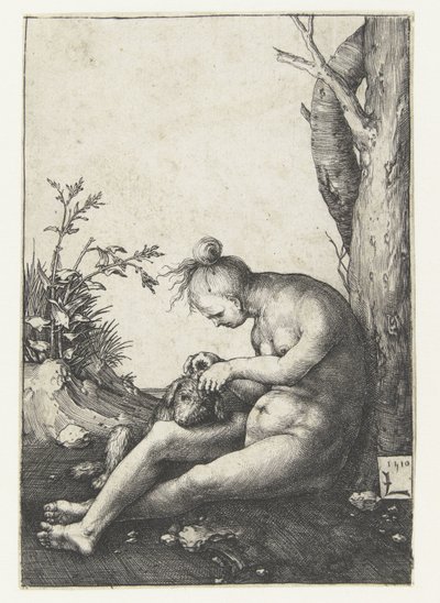 Naken kvinne med hund av Lucas van Leyden