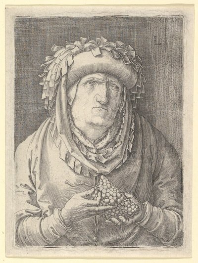 Gammel kvinne med druer, ca. 1523. av Lucas van Leyden
