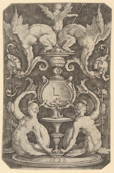 Panel av ornament med to sirener, 1528. av Lucas van Leyden