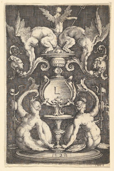 Panel av ornament med to sirener, 1528. av Lucas van Leyden