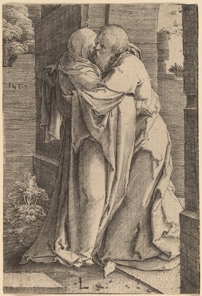 Den hellige Joachim omfavner den hellige Anna av Lucas van Leyden