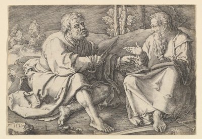 Sts. Peter og Paul sitter i et landskap, 1527. av Lucas van Leyden