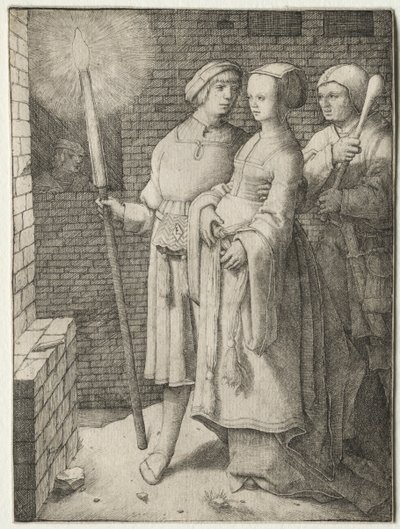 Mannen med fakkelen og en kvinne etterfulgt av en dåre, ca. 1508. av Lucas van Leyden