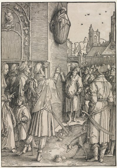 The Power of Women: Poeten Virgil hengt i en kurv av Lucas van Leyden