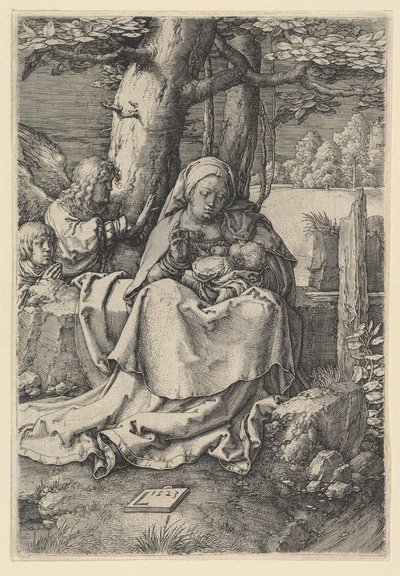 Jomfruen og barnet med to engler, 1523. av Lucas van Leyden