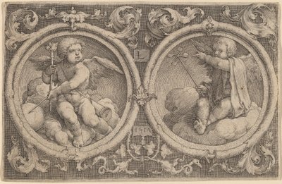 To amoriner sitter på skyer i to sirkler av Lucas van Leyden