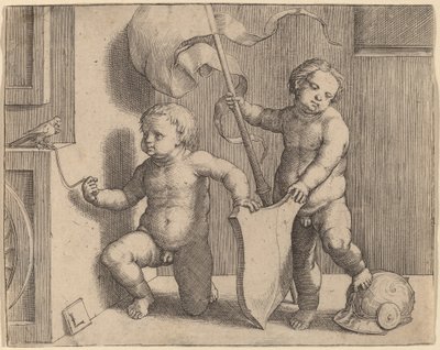 To nakne barn som støtter et tomt skjold av Lucas van Leyden