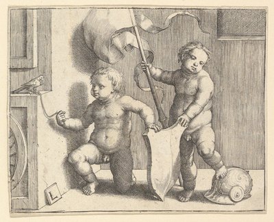 To nakne barn som støtter et tomt skjold, ca. 1510. av Lucas van Leyden