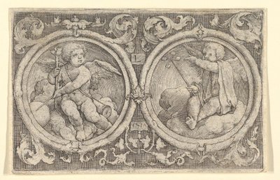 To Putti sitter i skyer i sirkler med ranker, 1517. av Lucas van Leyden