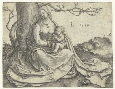 Jomfru og barn sitter under et tre av Lucas van Leyden