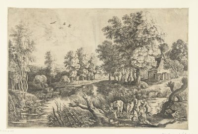 Bønder med storfe ved en bekk av Lucas van Uden