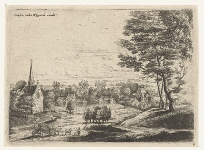 Utsikt over en landsby med overbygd vogn Fem landskap (serietittel) av Lucas van Uden