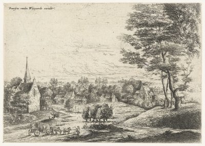 Utsikt over en landsby med en overbygd vogn Fem landskap (serietittel) av Lucas van Uden