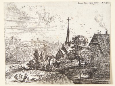 Landsby ved en elv, i forgrunnen tre figurer av Lucas van Uden