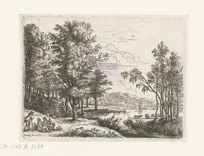 Landskap med tre figurer ved en innsjø Små landskap (serietittel) av Lucas van Uden