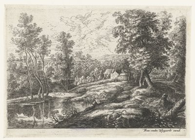 Landskap med hus og en kirke omgitt av en mur Fem landskap (serietittel) av Lucas van Uden