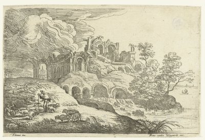 Ruiner ved en innsjø Små landskap etter Titian (serietittel) av Lucas van Uden