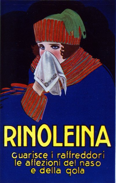 Reklame for legemidlet Rinoleina mot forkjølelse, sår hals og hoste. Illustrasjon av Lucien Achille Mauzan (1883–1952). av Luciano Achille Mauzan