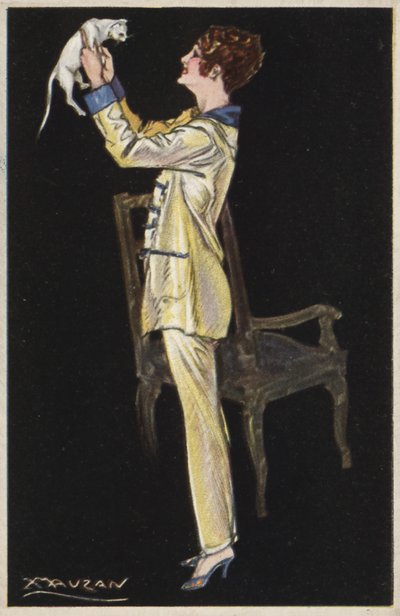 Jente i pyjamas holder hvit katt (farge litho) av Luciano Achille Mauzan