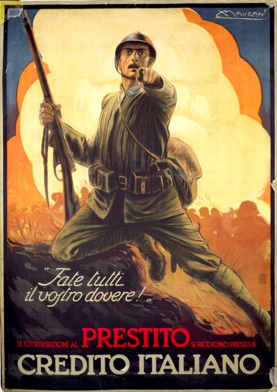 Italiensk propagandaplakat som annonserer krigsobligasjoner av Luciano Achille Mauzan