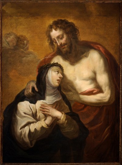 Kristi mystiske omfavnelse til Saint Catherine of Siena, Mystical Vision (olje på lerret) av Luciano Borzone