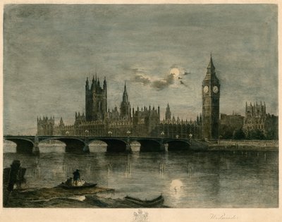 Westminster om natten farget gravering av Lucien Marcelin Gautier