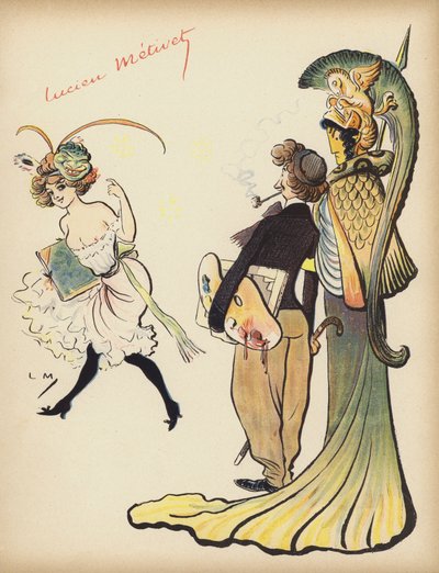 Jente som vinker til en kunstner om å følge henne (farge litho) av Lucien Metivet