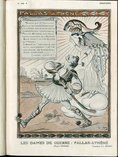 Illustrasjon i "Fantasio", 01/04/15 - krigens kvinne Pallas-Athenee krig 14-18 (gravering) av Lucien Metivet