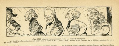 Illustrasjon i Le Rire, 04/01/13 - året 1913... - Teater, Comedie francaise - Hugo Victor, Dumas Alexandre (sønn), Lavedan Henri (1859-1940), Guitry Sacha, Musset Alfred, Moliere (gravering) av Lucien Metivet