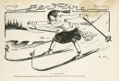 Illustrasjon i Le Rire, 24/02/12 - La pax-tineuse - Tyskland Preussen, Sport, Fred, Ski, Snø, Fransk-tyske forhold, Første verdenskrig - Marianne - Sport, Allegorie (gravering) av Lucien Metivet