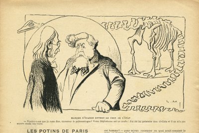 Illustrasjon i Le Rire, 27/06/08 - ignorering av statsoverhodet - republikkens president, dinosaur, paleontologi - Fallieres Armand (1841-1931), dinosaur, Diplodocus (gravering) av Lucien Metivet
