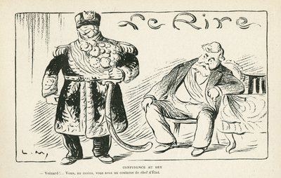 Illustrasjon i Le Rire, 27.07.12 - Tillit til beyen - Kolonisering - Fallieres Armand (1813-1941), Naceur Bey (Mohamed el-Naceur Bey) (1855-1922) (gravering) av Lucien Metivet