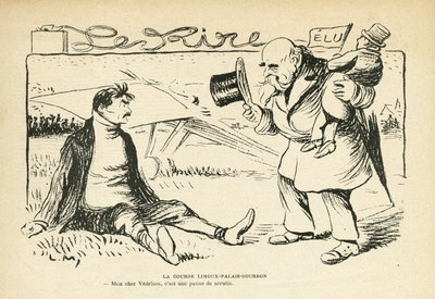 Illustrasjon i Le Rire, 30.03.12 - Limoux-Palais-Bourbon-løpet - Valg, luftfart - Vedrines Jules (1881-1919) (gravering) av Lucien Metivet