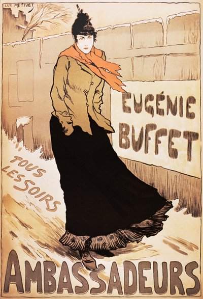 Vintage plakat av den franske sangeren Eugenie Buffet som går i snøen av Lucien Metivet