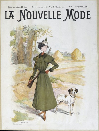 Kvinne i jaktantrekk iført rifle - i "" La Nouvelle Mode"" fra september 1898 av Lucien Metivet