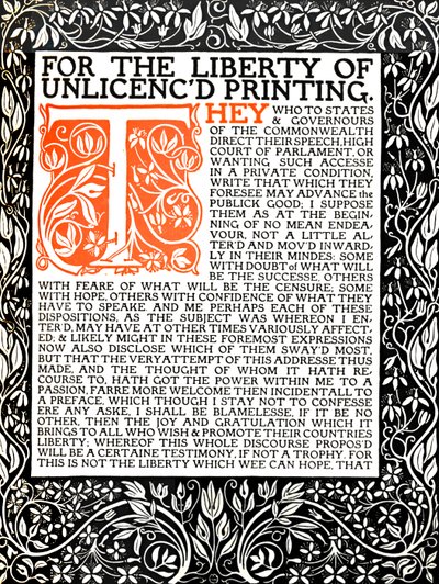 Eragny Press: Åpningsside for Areopagitica, ca. 1895-1914. av Lucien Pissaro