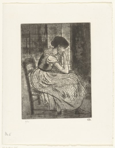 Ung kvinne sitter ved bålet av Lucien Pissarro