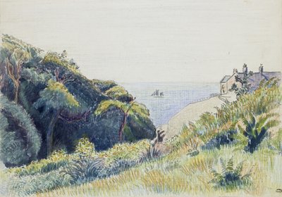 The Coastguards House, Ecclesbourne, 1918 (penn og grått blekk og fargestifter på teksturert papir) av Lucien Pissarro