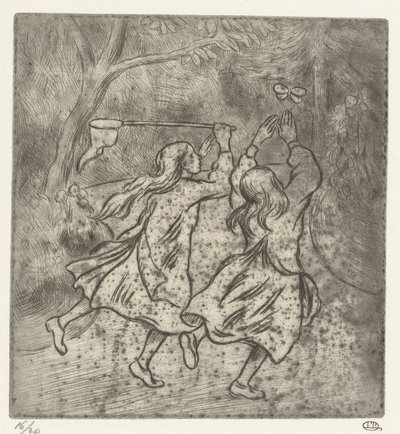 To jenter som fanger sommerfugler av Lucien Pissarro