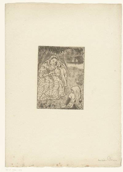 Kvinne med to jenter på en eng av Lucien Pissarro