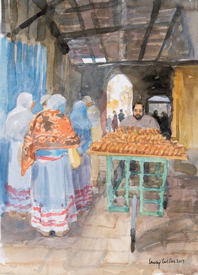 Bagel-selger i Gamlebyen, Jerusalem, 2019 (w/c på papir) av Lucy Willis