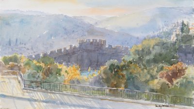 Hills Beyond the City, Sunrise, Jerusalem, 2019 (w/c på papir) av Lucy Willis