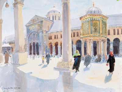 Den store Umayyad-moskeen, Damaskus, Syria, 2019 (w/c på papir) av Lucy Willis